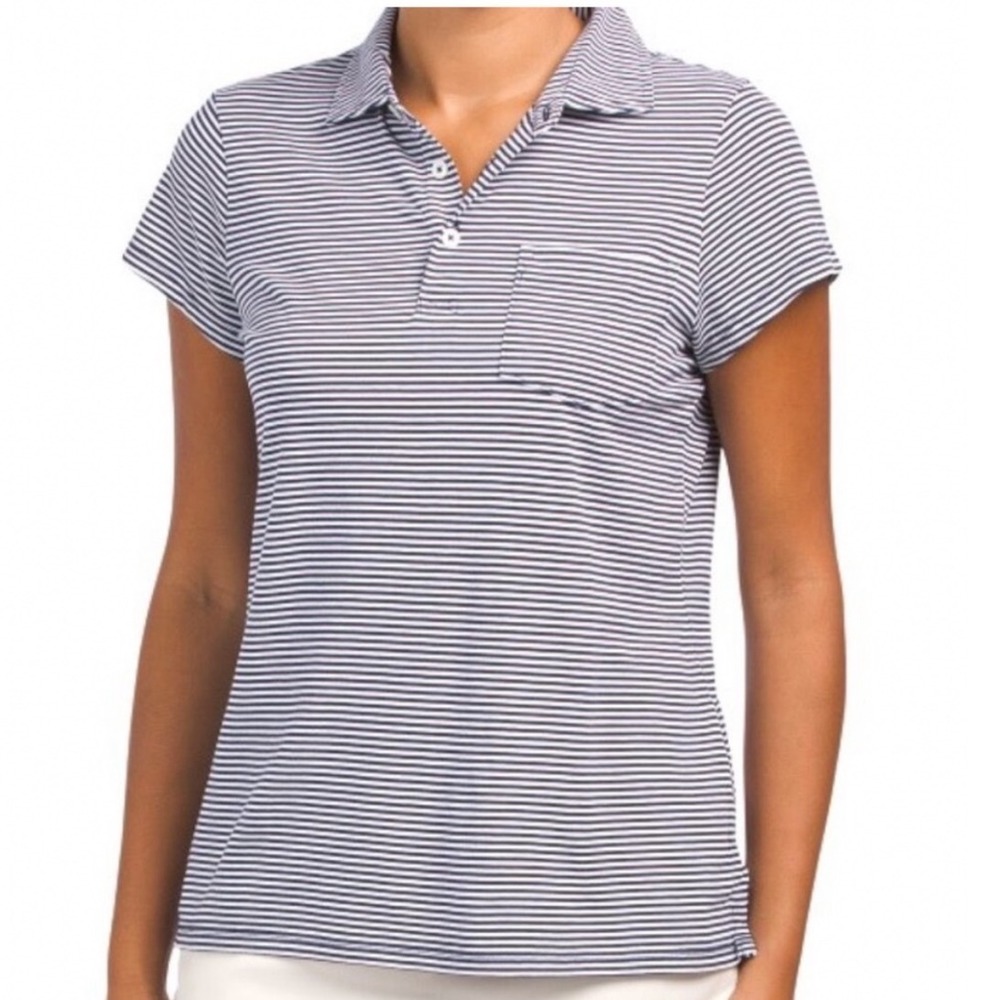 Renwick Pima Cotton Polo Shirt Womens Small Blue White Striped Short Sleeve Top